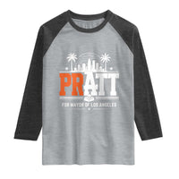 Pratt for Mayor of Los Angeles Retro Skyline Graphic Raglan Shirt Support Local Leadership LA City California Pride