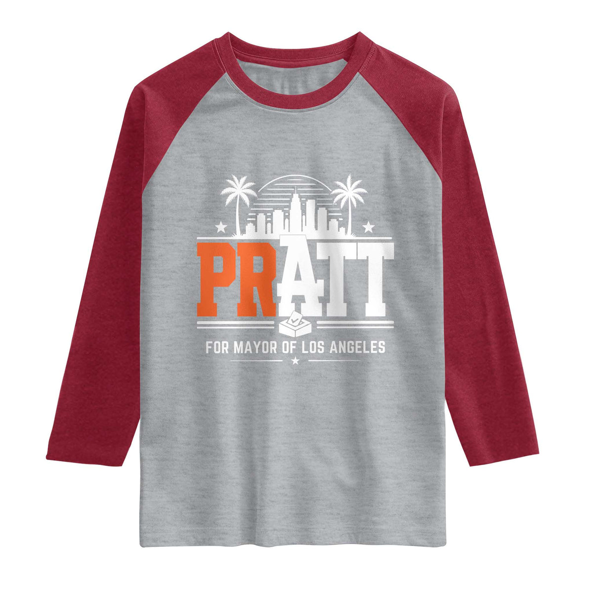 Pratt for Mayor of Los Angeles Retro Skyline Graphic Raglan Shirt Support Local Leadership LA City California Pride