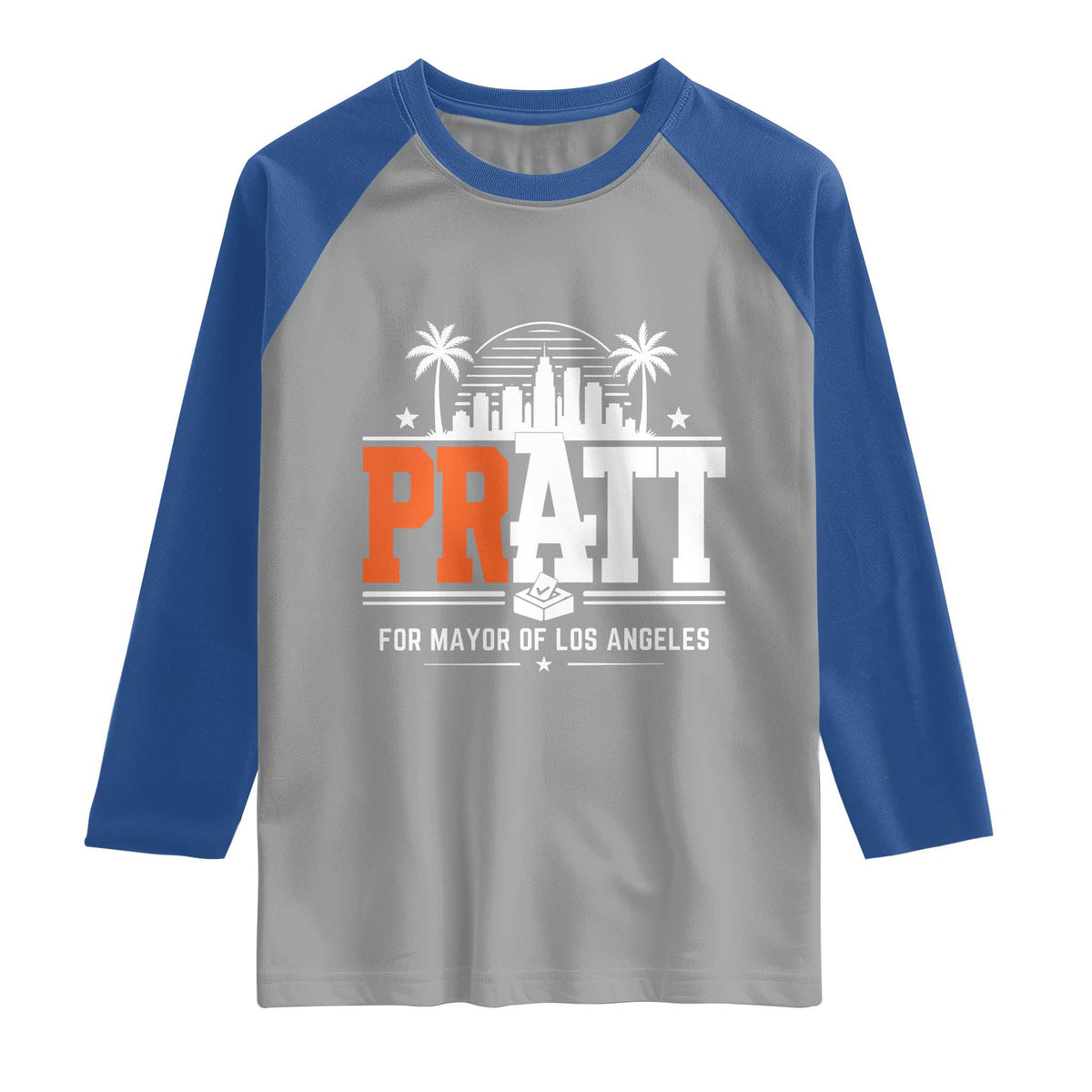 Pratt for Mayor of Los Angeles Retro Skyline Graphic Raglan Shirt Support Local Leadership LA City California Pride