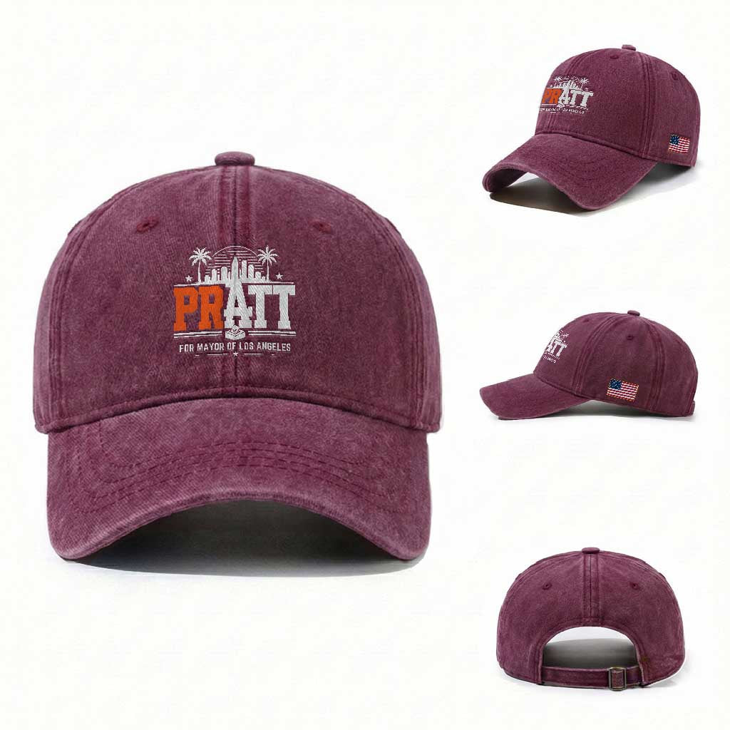 Pratt for Mayor of Los Angeles Retro Skyline Graphic Washed Cotton Baseball Cap Support Local Leadership LA City California Pride