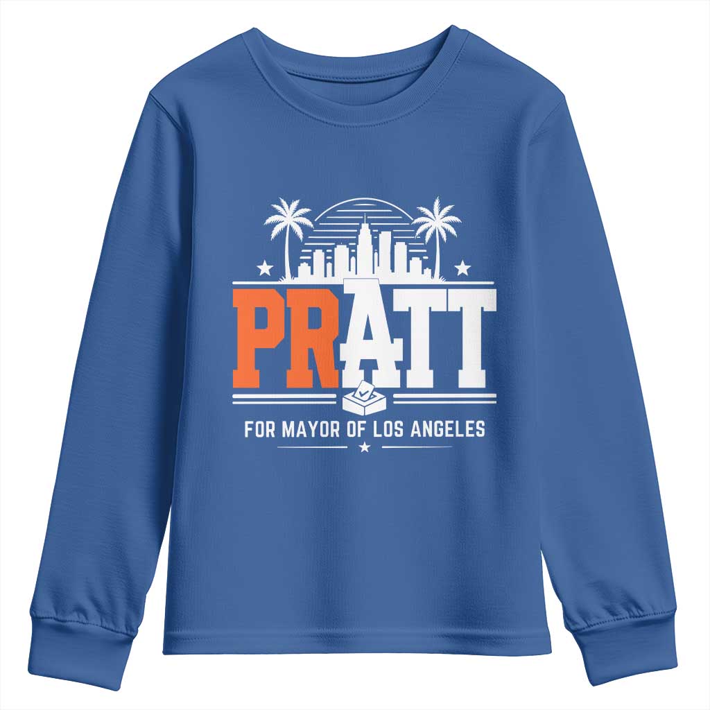Pratt for Mayor of Los Angeles Retro Skyline Graphic Youth Sweatshirt Support Local Leadership LA City California Pride