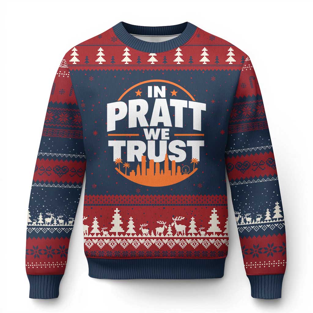 In Pratt We Trust Los Angeles Skyline Graphic Ugly Christmas Sweater Patriotic LA City California Pride Local Leadership