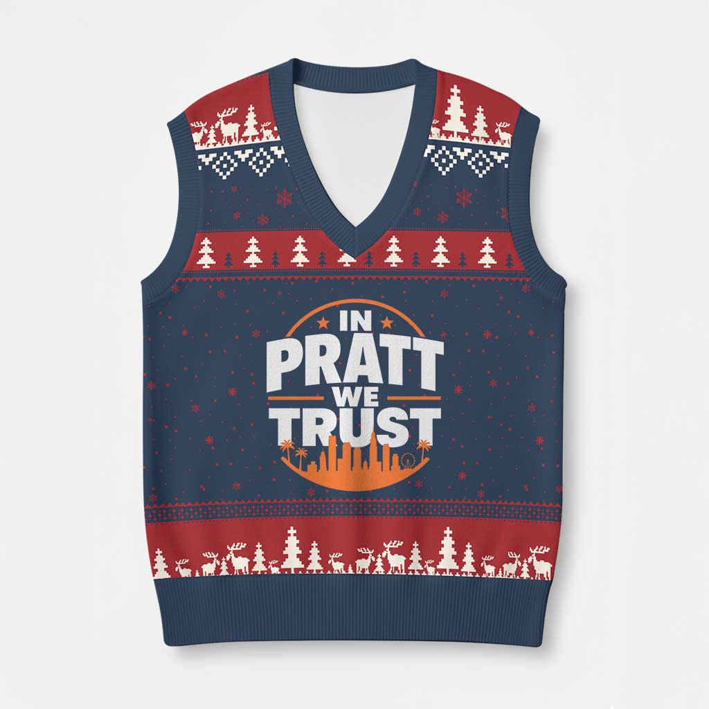 In Pratt We Trust Los Angeles Skyline Graphic V-Neck Knit Sweater Vest Patriotic LA City California Pride Local Leadership