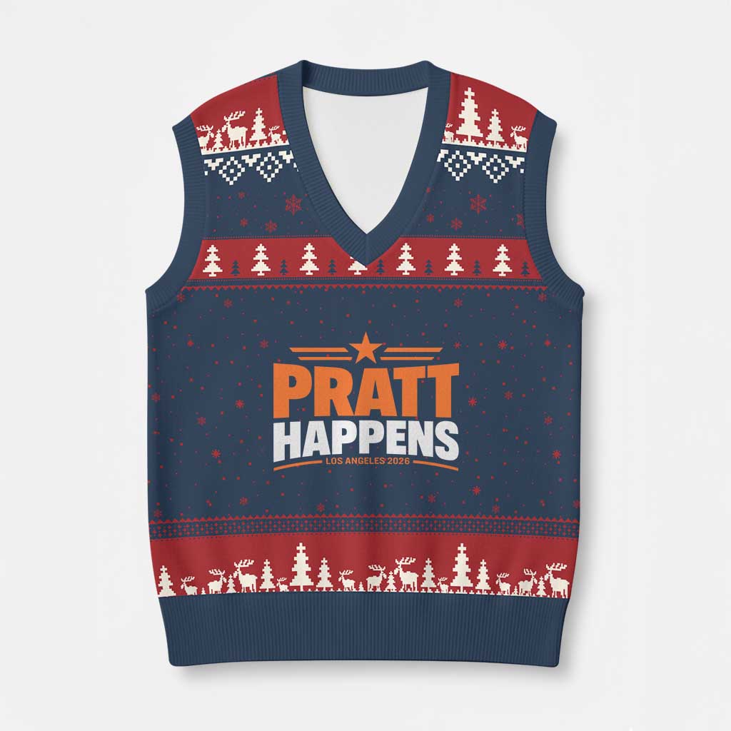 Pratt Happens Los Angeles 2026 V-Neck Knit Sweater Vest Funny Political Patriotic LA City California Pride Leadership