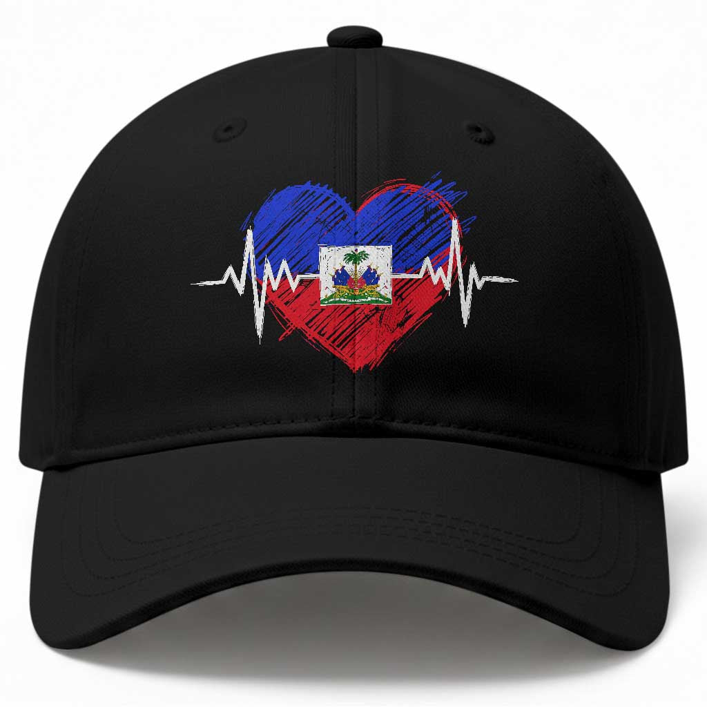 Haitian Flag Heartbeat EKG Pulse Graphic Baseball Cap My Heart Beats For Haiti Identity Heritage Pride
