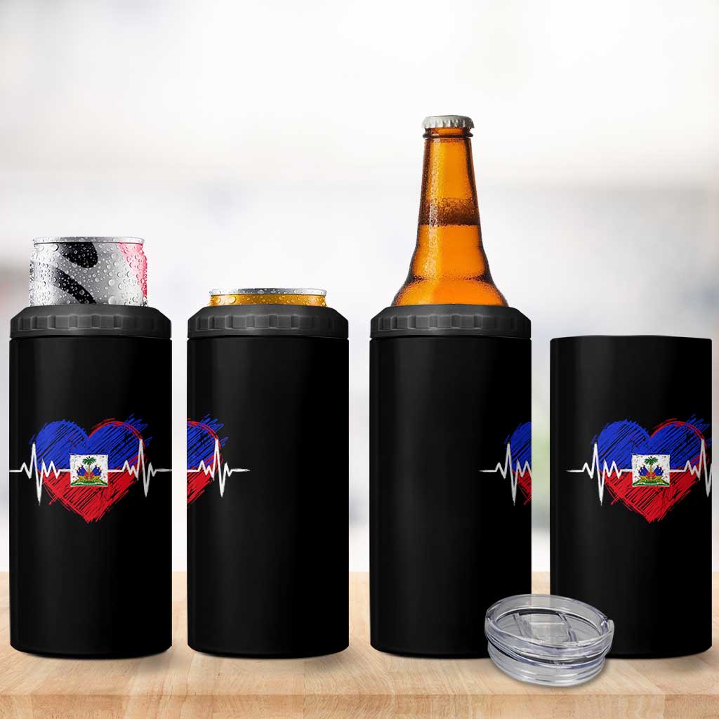 Haitian Flag Heartbeat EKG Pulse Graphic 4 in 1 Can Cooler Tumbler My Heart Beats For Haiti Identity Heritage Pride