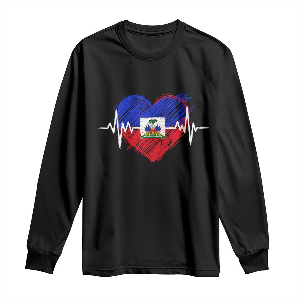 Haitian Flag Heartbeat EKG Pulse Graphic Long Sleeve Shirt My Heart Beats For Haiti Identity Heritage Pride