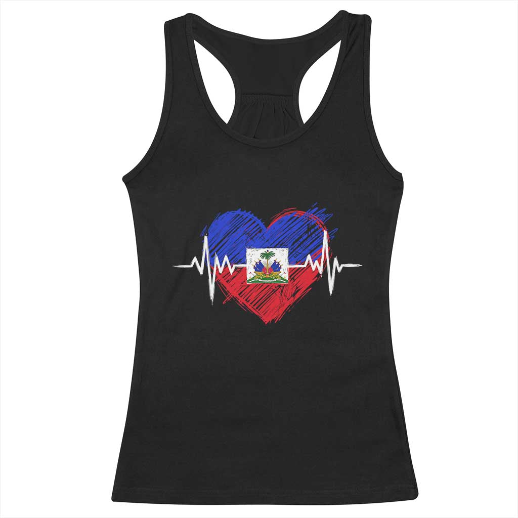 Haitian Flag Heartbeat EKG Pulse Graphic Racerback Tank Top My Heart Beats For Haiti Identity Heritage Pride