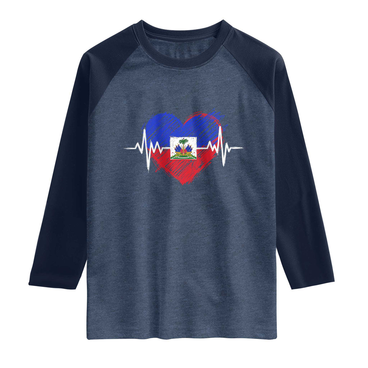 Haitian Flag Heartbeat EKG Pulse Graphic Raglan Shirt My Heart Beats For Haiti Identity Heritage Pride