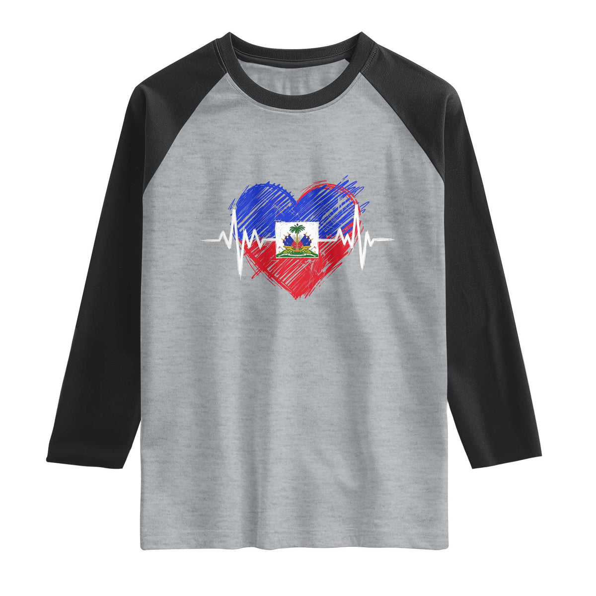 Haitian Flag Heartbeat EKG Pulse Graphic Raglan Shirt My Heart Beats For Haiti Identity Heritage Pride