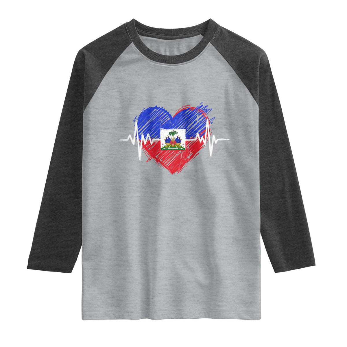 Haitian Flag Heartbeat EKG Pulse Graphic Raglan Shirt My Heart Beats For Haiti Identity Heritage Pride