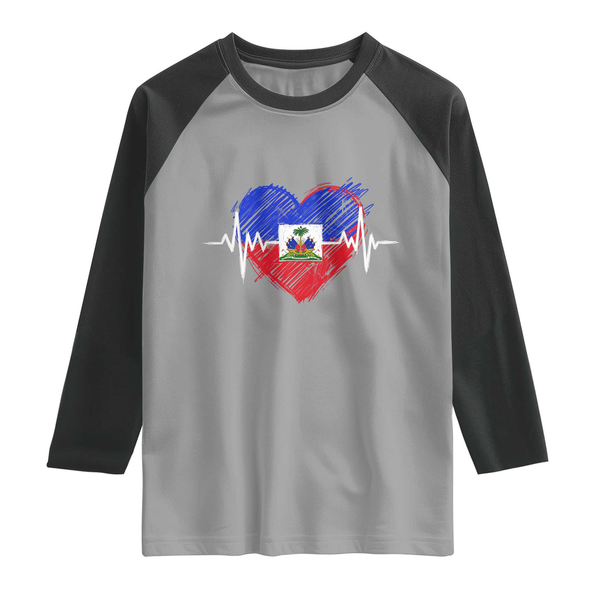 Haitian Flag Heartbeat EKG Pulse Graphic Raglan Shirt My Heart Beats For Haiti Identity Heritage Pride