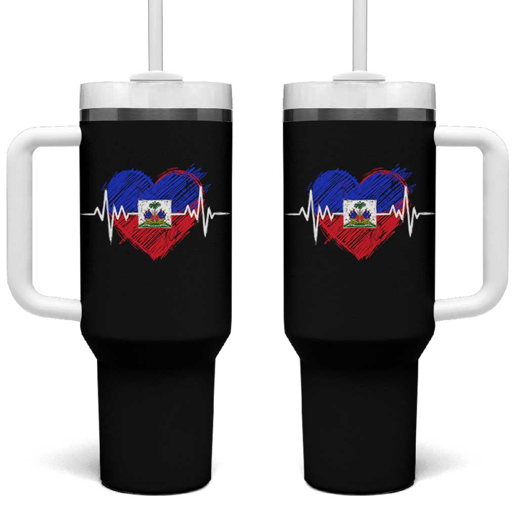 Haitian Flag Heartbeat EKG Pulse Graphic Tumbler With Handle My Heart Beats For Haiti Identity Heritage Pride