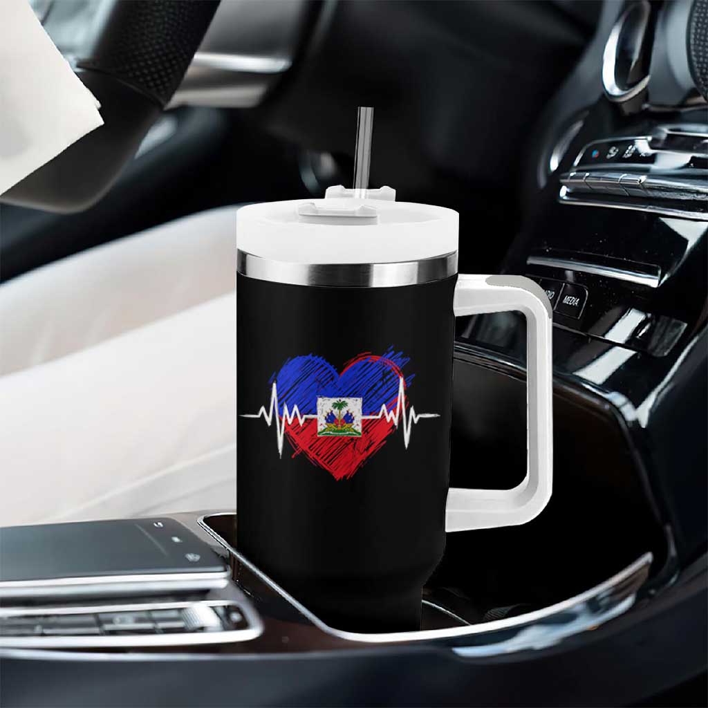 Haitian Flag Heartbeat EKG Pulse Graphic Tumbler With Handle My Heart Beats For Haiti Identity Heritage Pride
