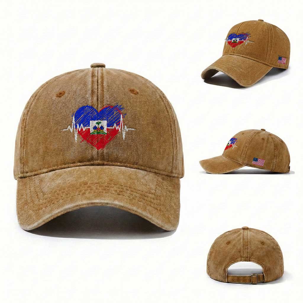Haitian Flag Heartbeat EKG Pulse Graphic Washed Cotton Baseball Cap My Heart Beats For Haiti Identity Heritage Pride