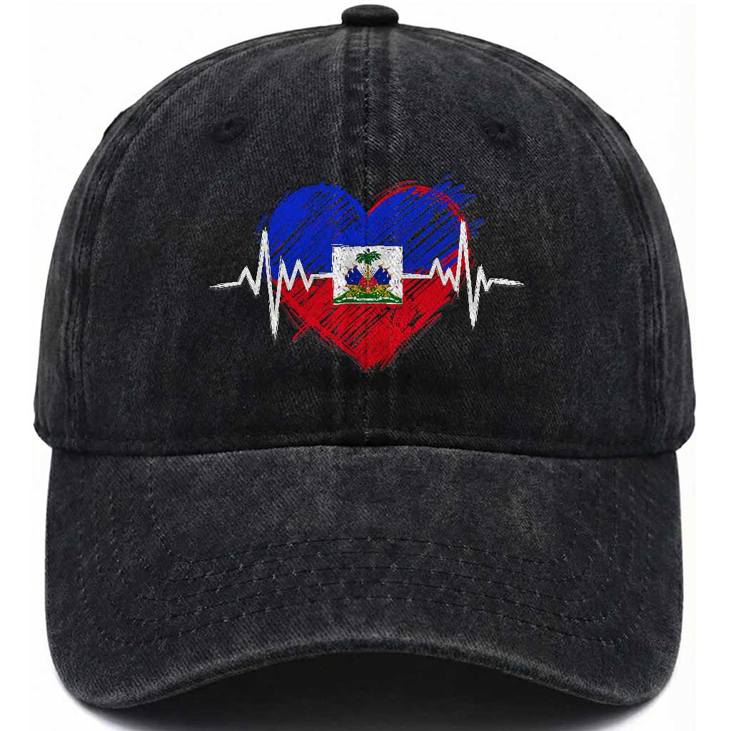 Haitian Flag Heartbeat EKG Pulse Graphic Washed Cotton Baseball Cap My Heart Beats For Haiti Identity Heritage Pride