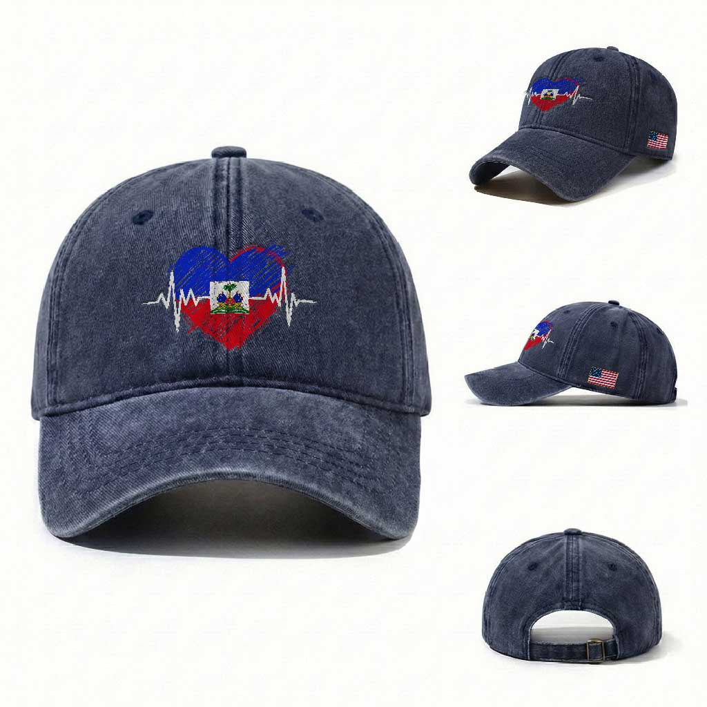 Haitian Flag Heartbeat EKG Pulse Graphic Washed Cotton Baseball Cap My Heart Beats For Haiti Identity Heritage Pride