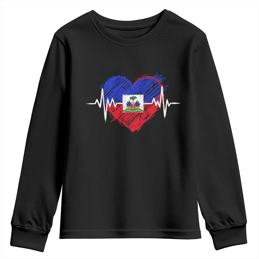 Haitian Flag Heartbeat EKG Pulse Graphic Youth Sweatshirt My Heart Beats For Haiti Identity Heritage Pride