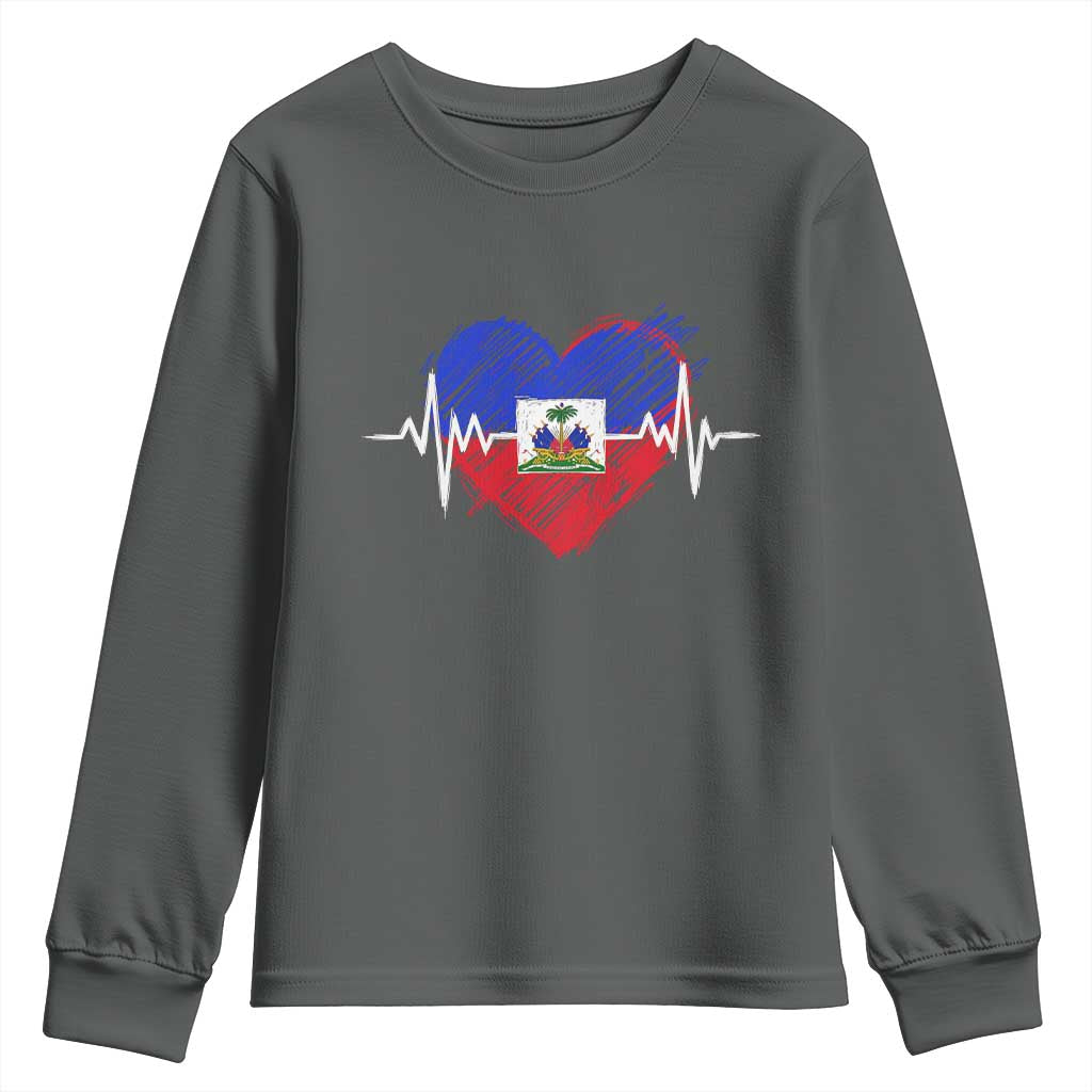 Haitian Flag Heartbeat EKG Pulse Graphic Youth Sweatshirt My Heart Beats For Haiti Identity Heritage Pride
