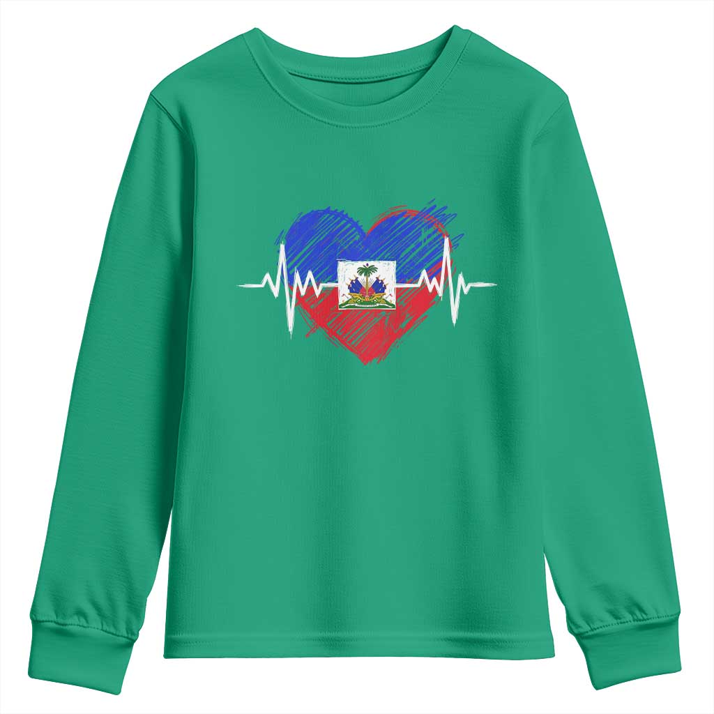 Haitian Flag Heartbeat EKG Pulse Graphic Youth Sweatshirt My Heart Beats For Haiti Identity Heritage Pride