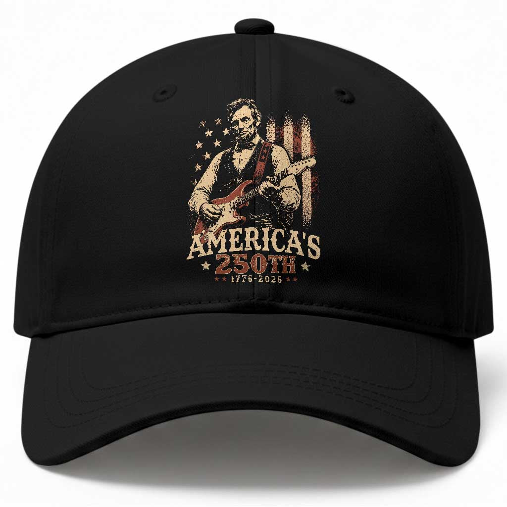 USA 250th 1776 to 2026 Rock Star Abraham Lincoln Baseball Cap Vintage Electric Guitar Player Patriotic Us Flag Semiquincentennial