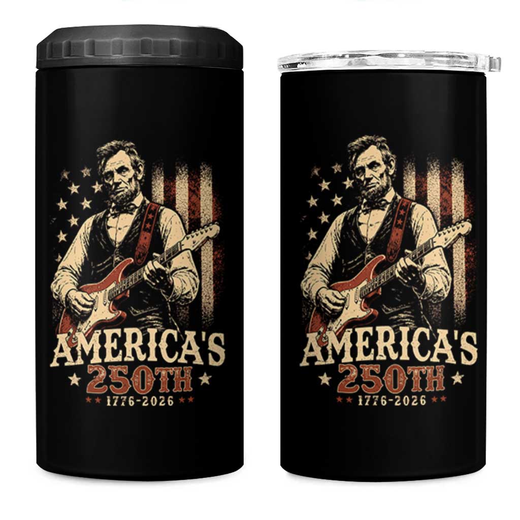 USA 250th 1776 to 2026 Rock Star Abraham Lincoln 4 in 1 Can Cooler Tumbler Vintage Electric Guitar Player Patriotic Us Flag Semiquincentennial