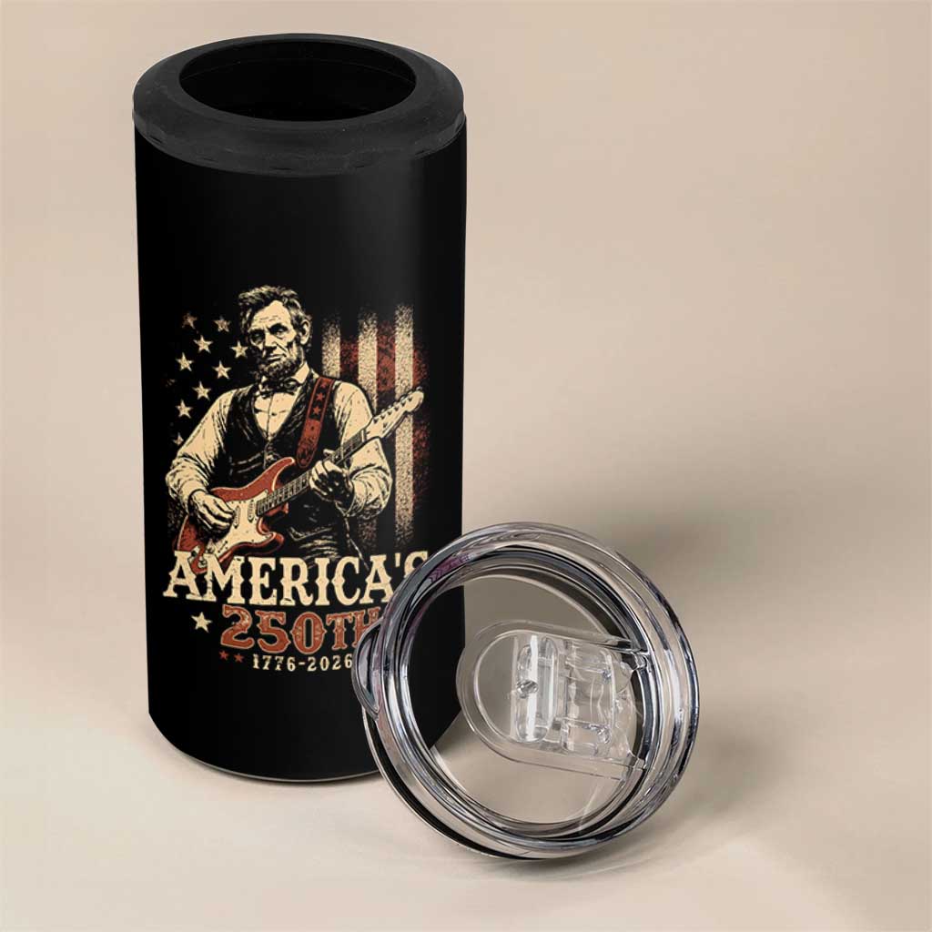 USA 250th 1776 to 2026 Rock Star Abraham Lincoln 4 in 1 Can Cooler Tumbler Vintage Electric Guitar Player Patriotic Us Flag Semiquincentennial