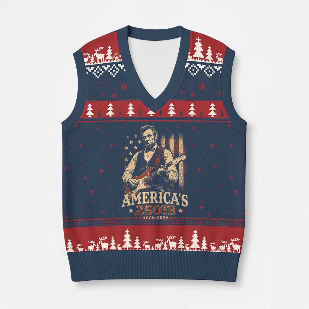 USA 250th 1776 to 2026 Rock Star Abraham Lincoln V-Neck Knit Sweater Vest Vintage Electric Guitar Player Patriotic Us Flag Semiquincentennial