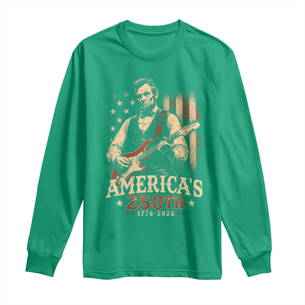 USA 250th 1776 to 2026 Rock Star Abraham Lincoln Long Sleeve Shirt Vintage Electric Guitar Player Patriotic Us Flag Semiquincentennial