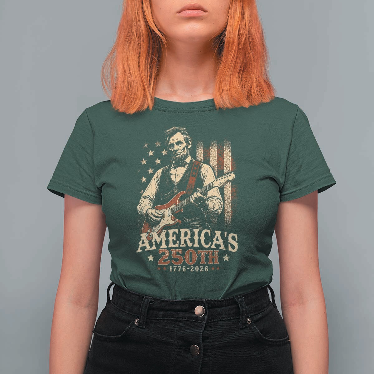 USA 250th 1776 to 2026 Rock Star Abraham Lincoln T Shirt For Women Vintage Electric Guitar Player Patriotic Us Flag Semiquincentennial