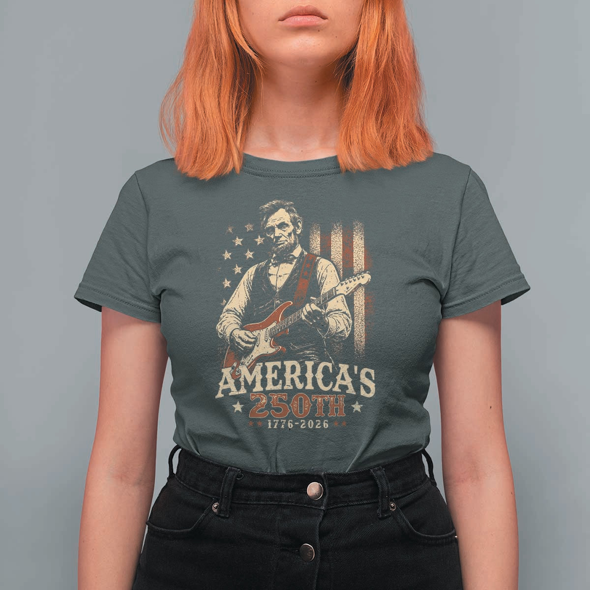 USA 250th 1776 to 2026 Rock Star Abraham Lincoln T Shirt For Women Vintage Electric Guitar Player Patriotic Us Flag Semiquincentennial