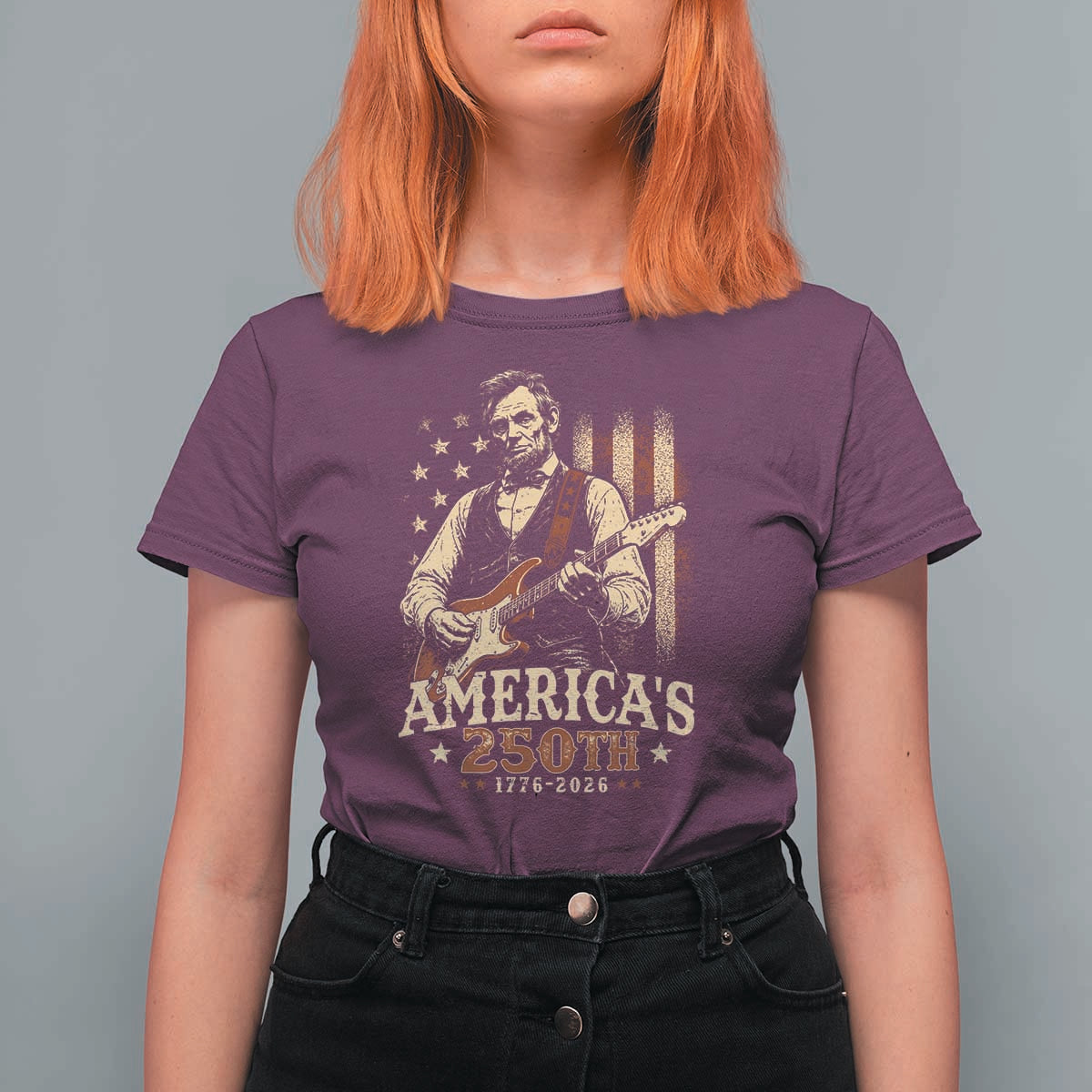 USA 250th 1776 to 2026 Rock Star Abraham Lincoln T Shirt For Women Vintage Electric Guitar Player Patriotic Us Flag Semiquincentennial