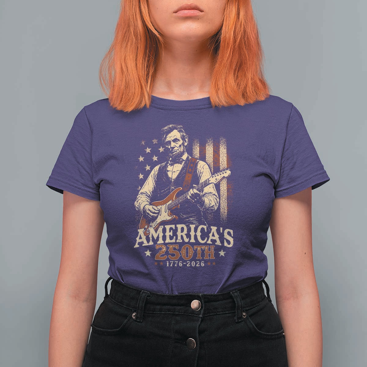 USA 250th 1776 to 2026 Rock Star Abraham Lincoln T Shirt For Women Vintage Electric Guitar Player Patriotic Us Flag Semiquincentennial
