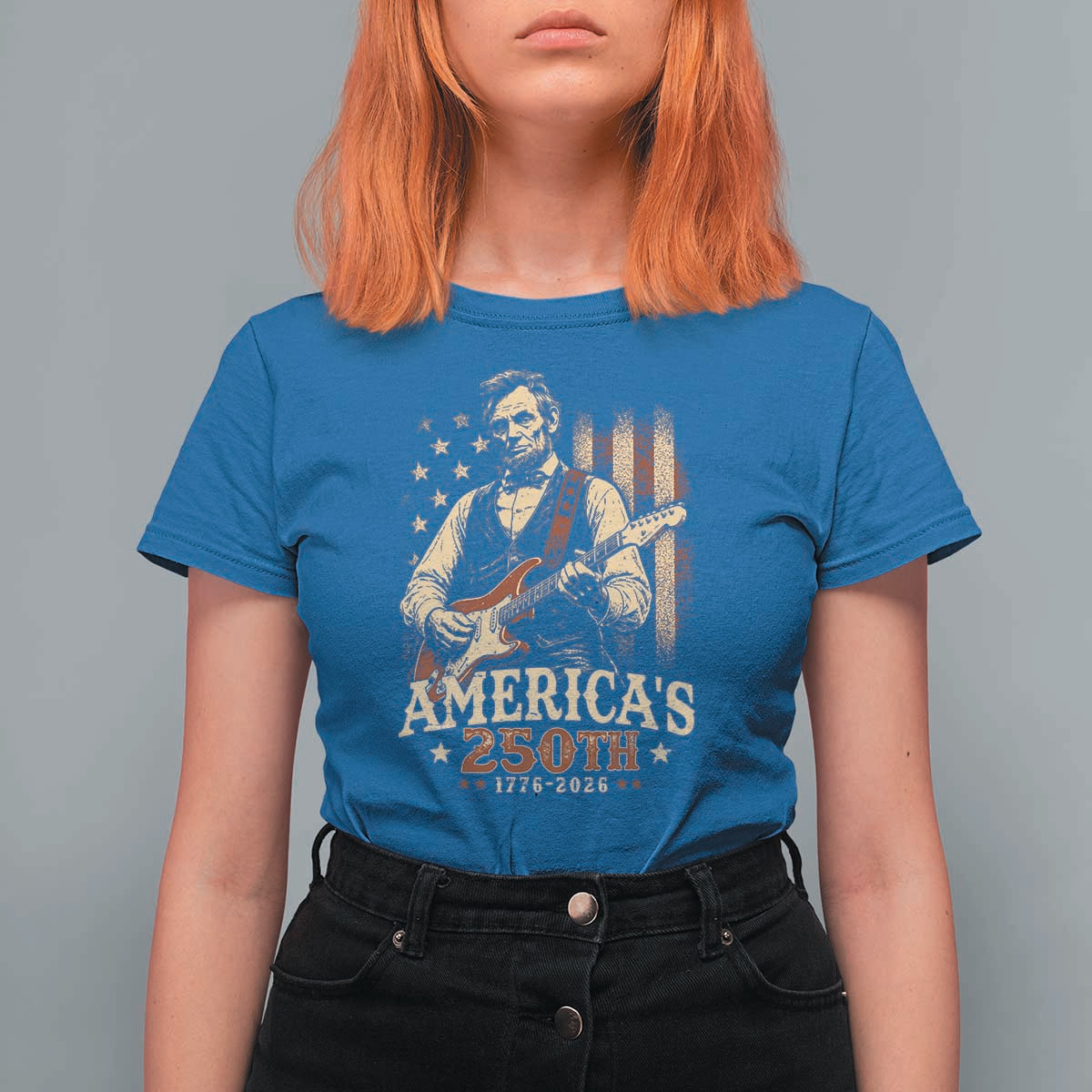 USA 250th 1776 to 2026 Rock Star Abraham Lincoln T Shirt For Women Vintage Electric Guitar Player Patriotic Us Flag Semiquincentennial