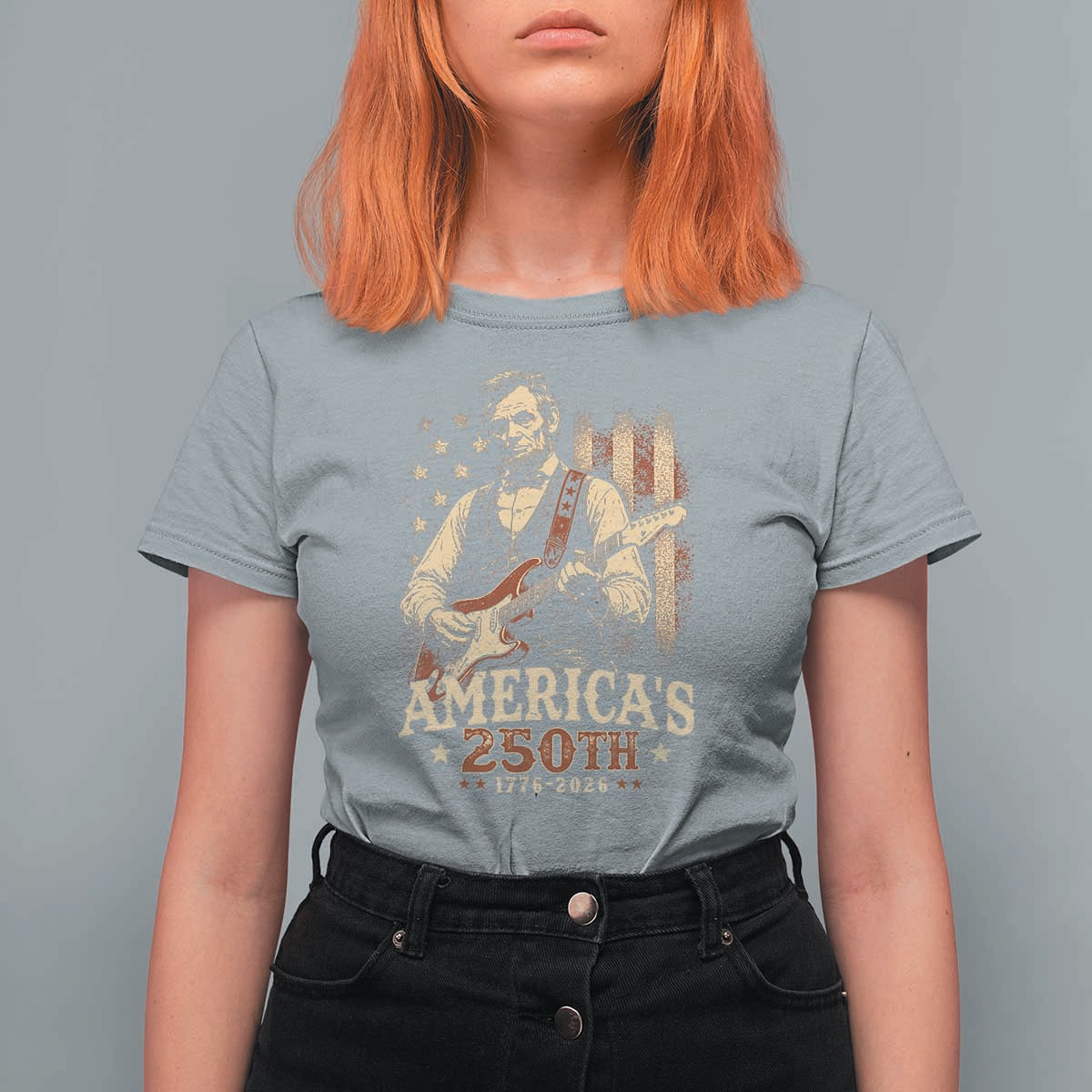 USA 250th 1776 to 2026 Rock Star Abraham Lincoln T Shirt For Women Vintage Electric Guitar Player Patriotic Us Flag Semiquincentennial