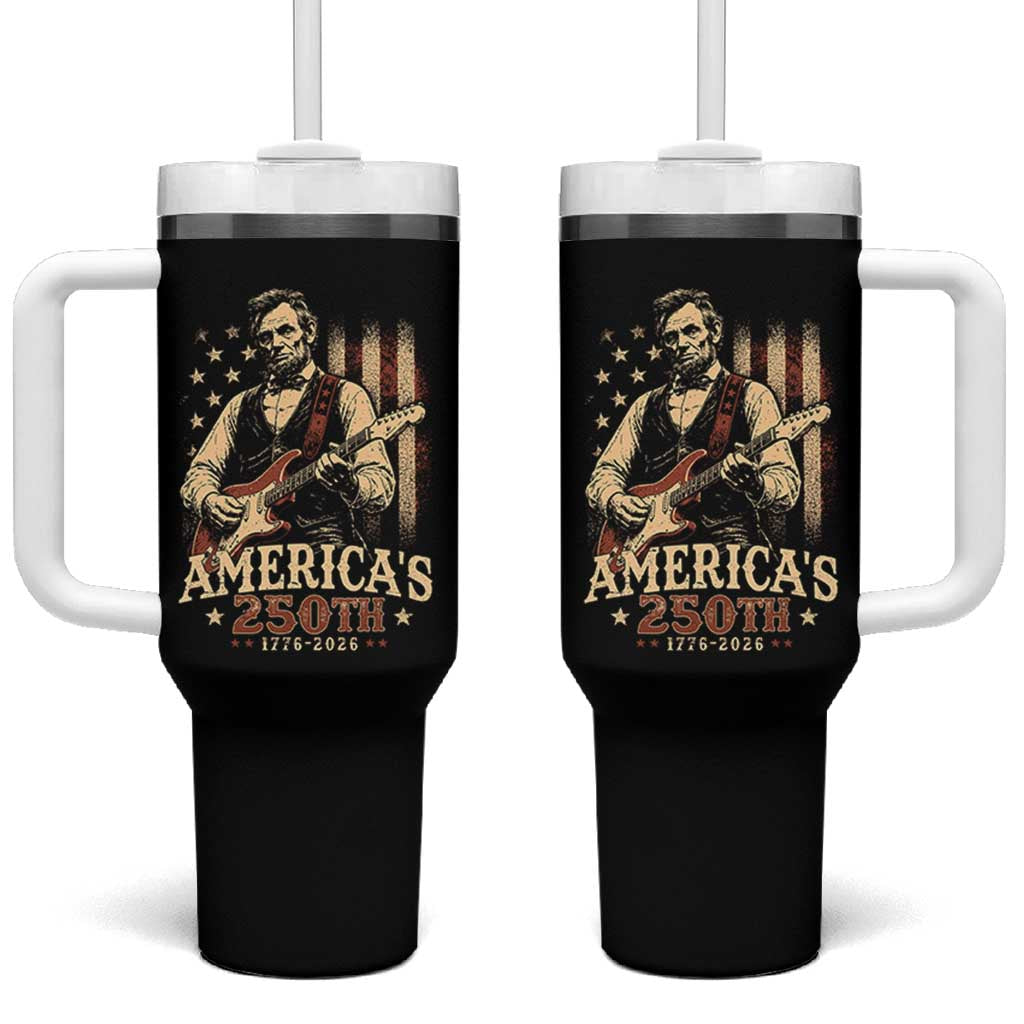 USA 250th 1776 to 2026 Rock Star Abraham Lincoln Tumbler With Handle Vintage Electric Guitar Player Patriotic Us Flag Semiquincentennial