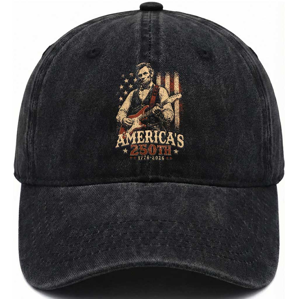 USA 250th 1776 to 2026 Rock Star Abraham Lincoln Washed Cotton Baseball Cap Vintage Electric Guitar Player Patriotic Us Flag Semiquincentennial