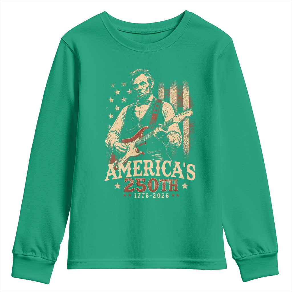 USA 250th 1776 to 2026 Rock Star Abraham Lincoln Youth Sweatshirt Vintage Electric Guitar Player Patriotic Us Flag Semiquincentennial