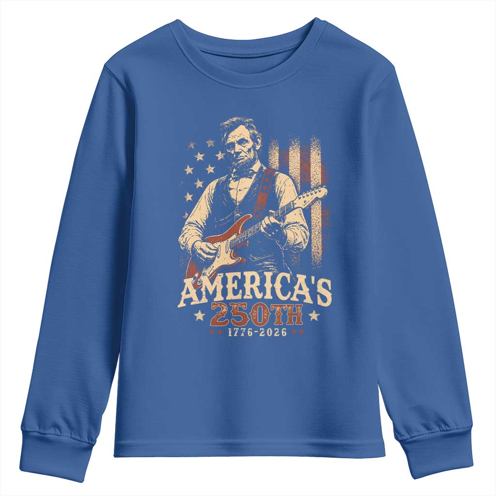 USA 250th 1776 to 2026 Rock Star Abraham Lincoln Youth Sweatshirt Vintage Electric Guitar Player Patriotic Us Flag Semiquincentennial