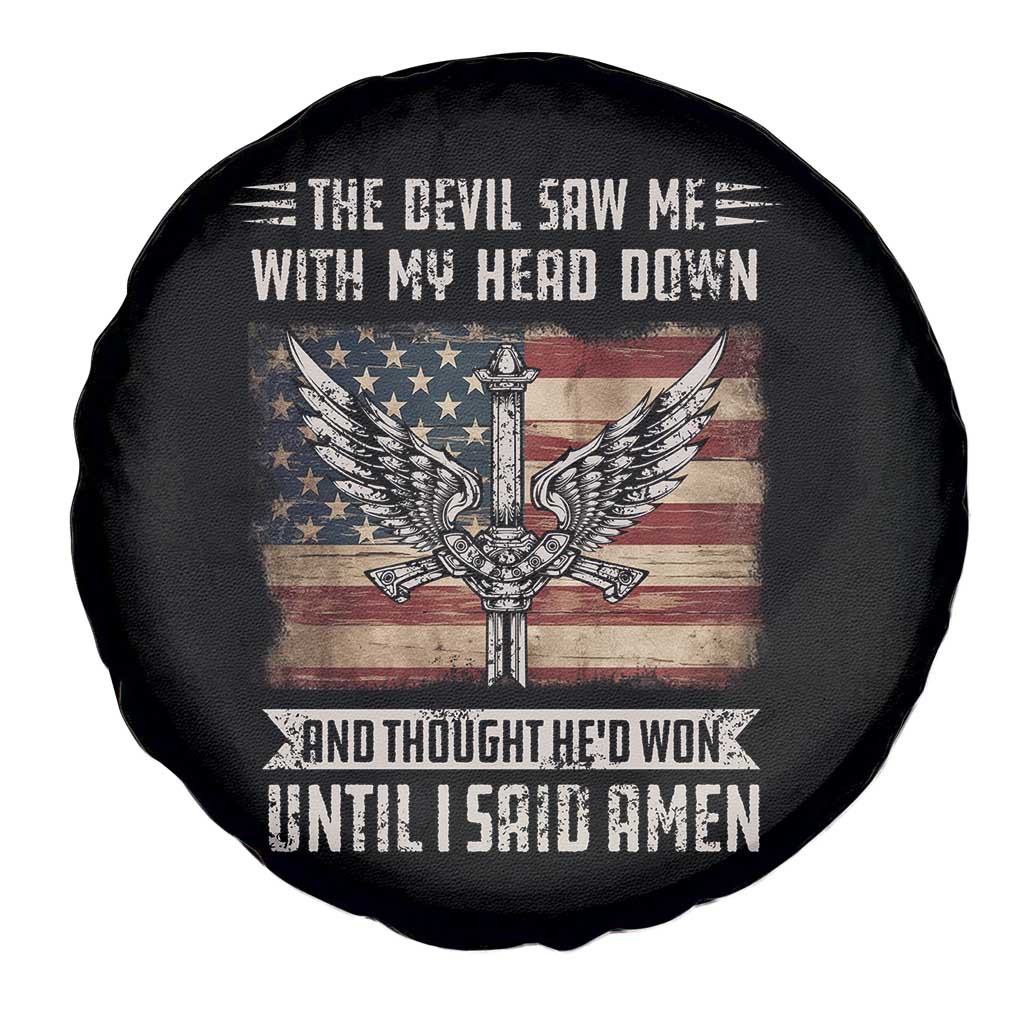American Patriot Spare Tire Cover The Devil Saw Me With My Head Down Until I Said Amen US Flag