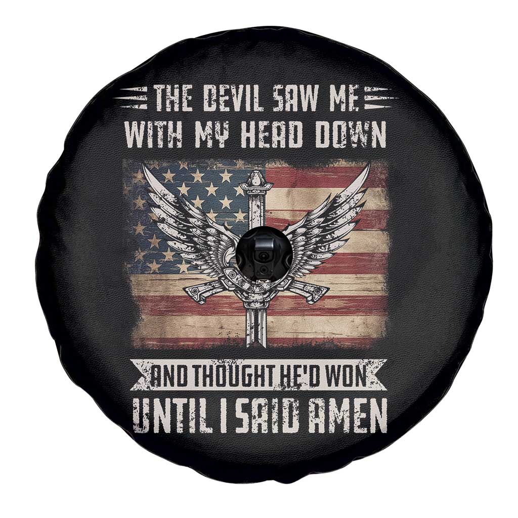 American Patriot Spare Tire Cover The Devil Saw Me With My Head Down Until I Said Amen US Flag