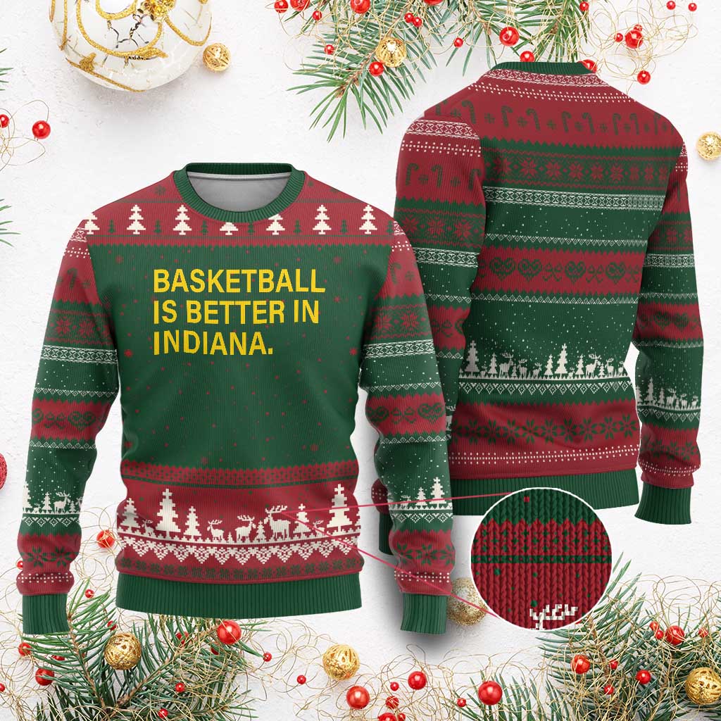 Basketball Is Better in Indiana Ugly Christmas Sweater Bold Yellow Statement Hoosier Hoops Fans - Wonder Print Shop