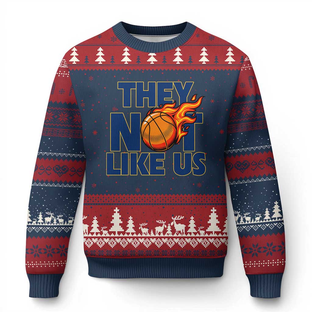 They Not Like Us Basketball Ugly Christmas Sweater Fierce Flame Ball Graphic for Hooops Fans