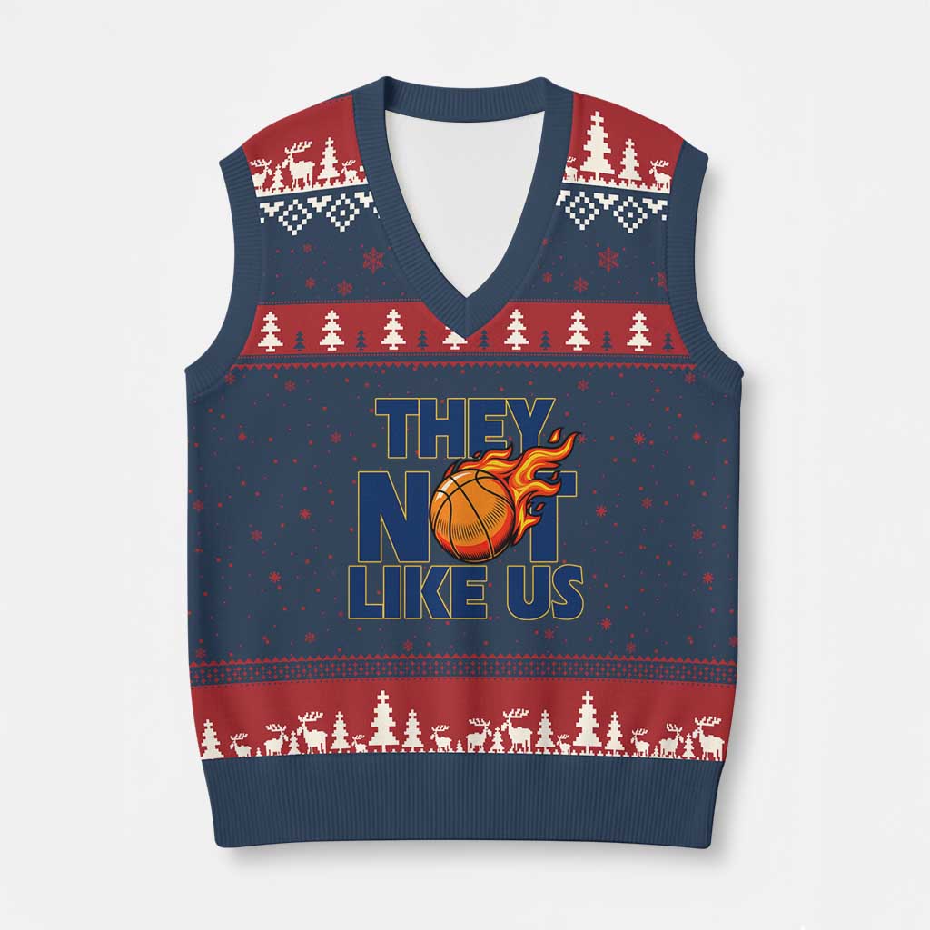 They Not Like Us Basketball V-Neck Knit Sweater Vest Fierce Flame Ball Graphic for Hooops Fans
