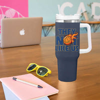 They Not Like Us Basketball Tumbler With Handle Fierce Flame Ball Graphic for Hooops Fans
