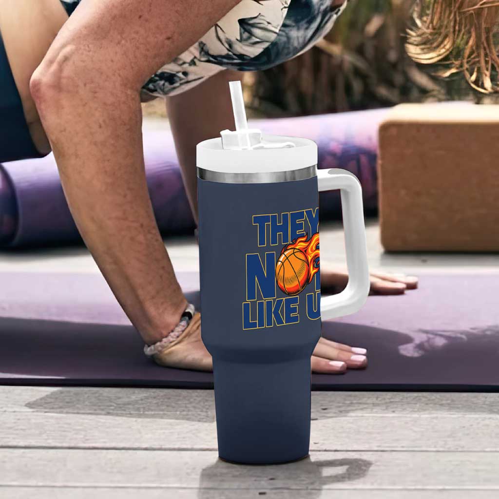 They Not Like Us Basketball Tumbler With Handle Fierce Flame Ball Graphic for Hooops Fans