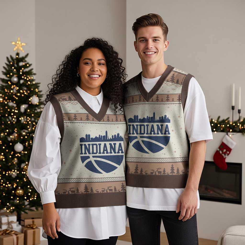 Indiana Skyline Basketball V-Neck Knit Sweater Vest Distressed Urban Hoops Graphic for Indy Fans