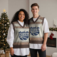 Indiana Skyline Basketball V-Neck Knit Sweater Vest Distressed Urban Hoops Graphic for Indy Fans