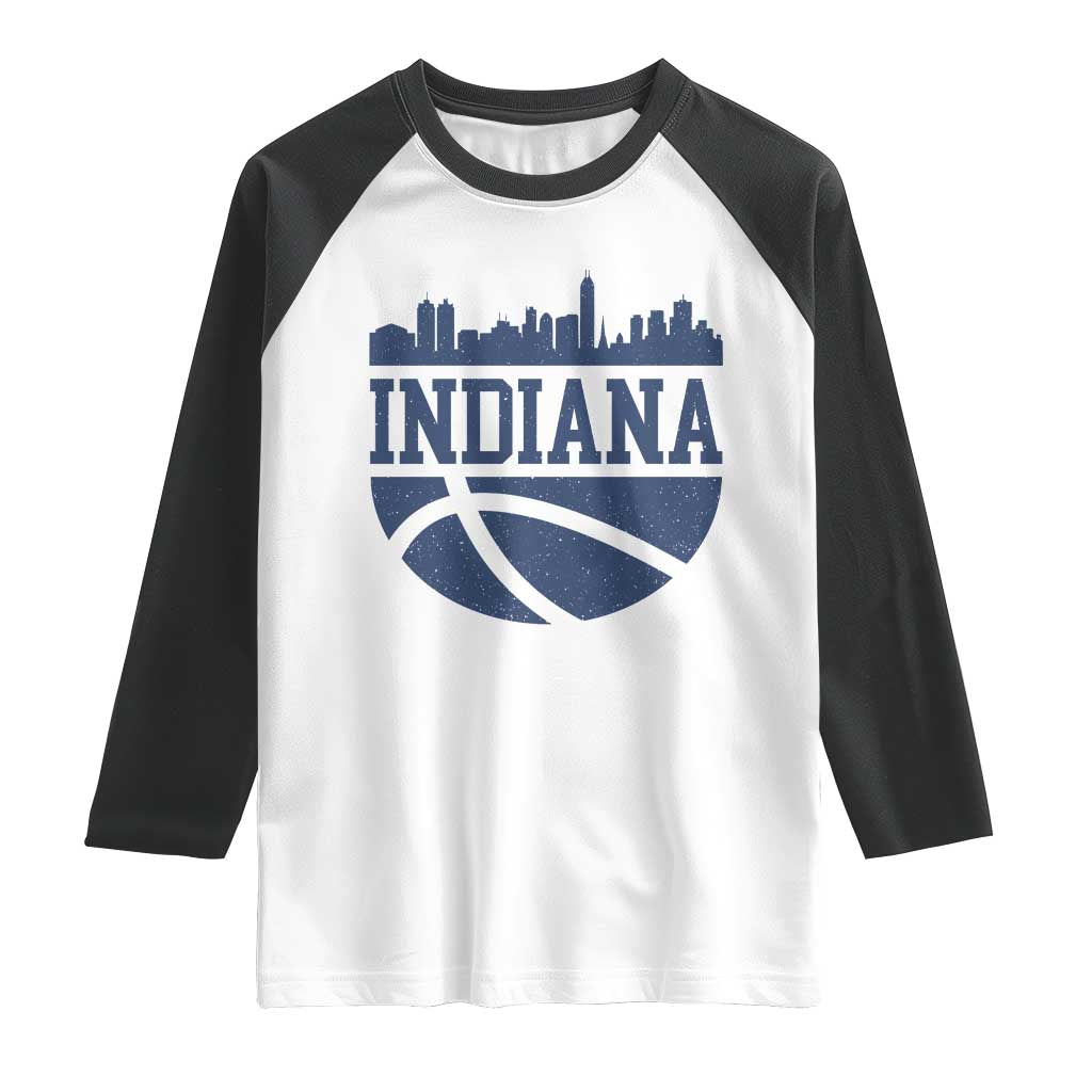 Indiana Skyline Basketball Raglan Shirt Distressed Urban Hoops Graphic for Indy Fans