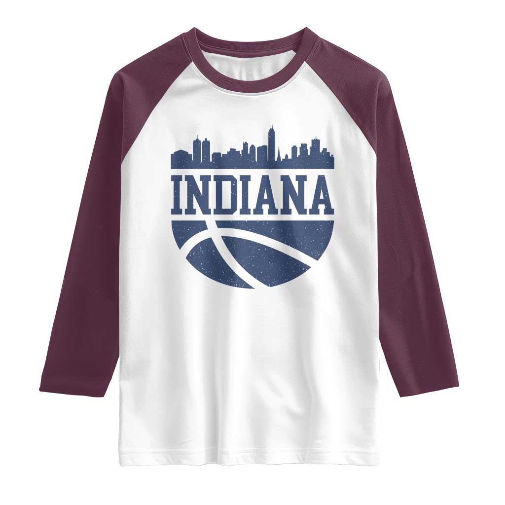 Indiana Skyline Basketball Raglan Shirt Distressed Urban Hoops Graphic for Indy Fans